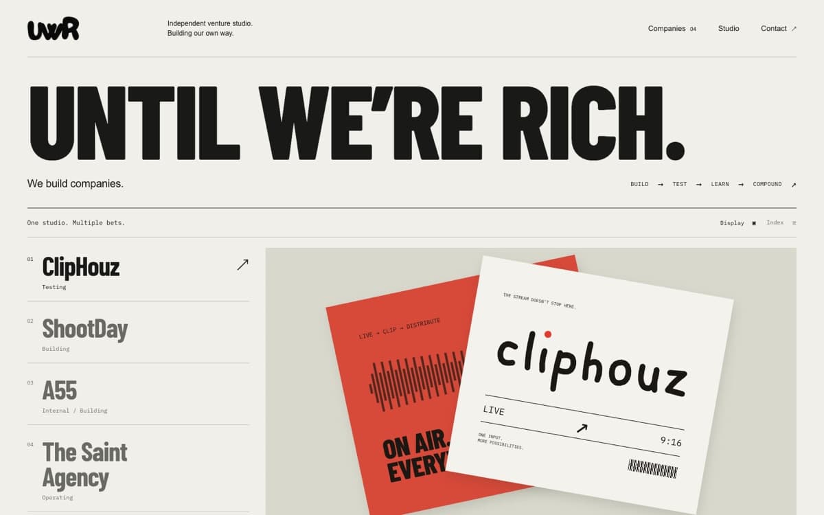 UWR Venture Studios homepage with the company index