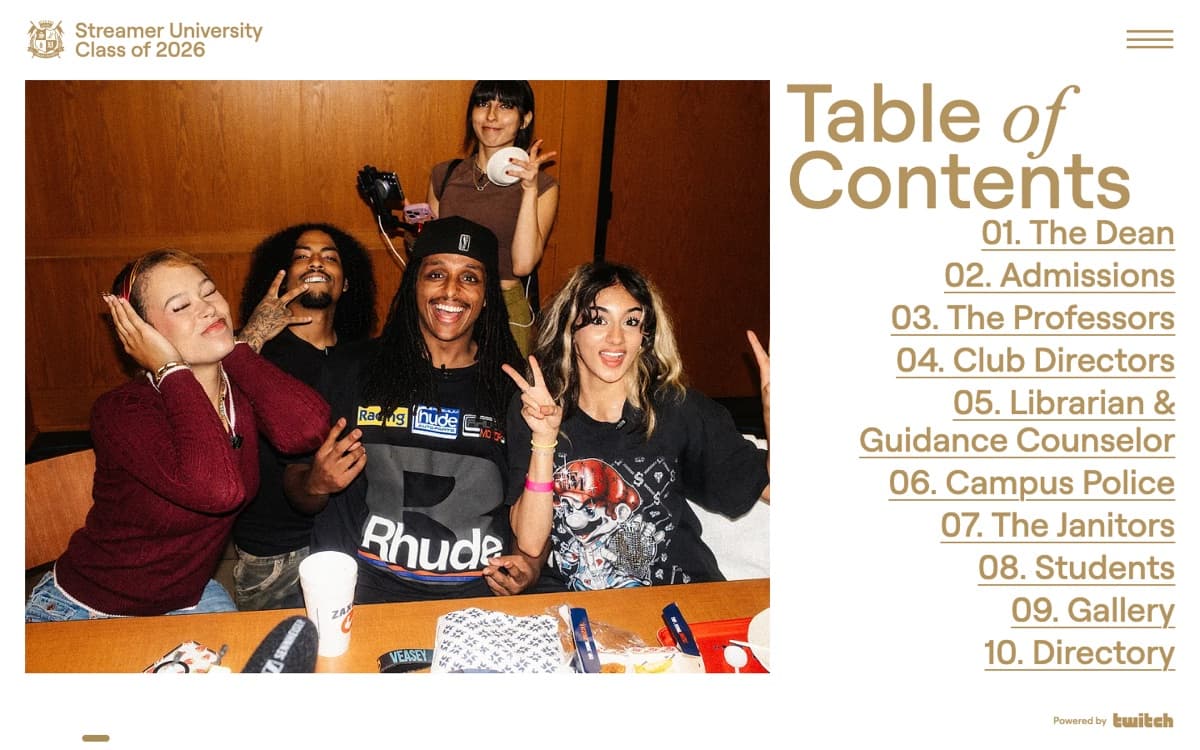 The Streamer University Class of 2026 yearbook table of contents